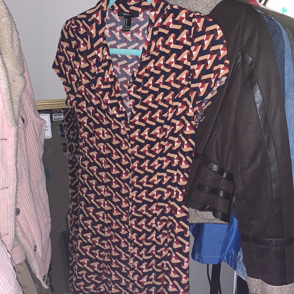 Geometric Button Up Mini Dress with Collar